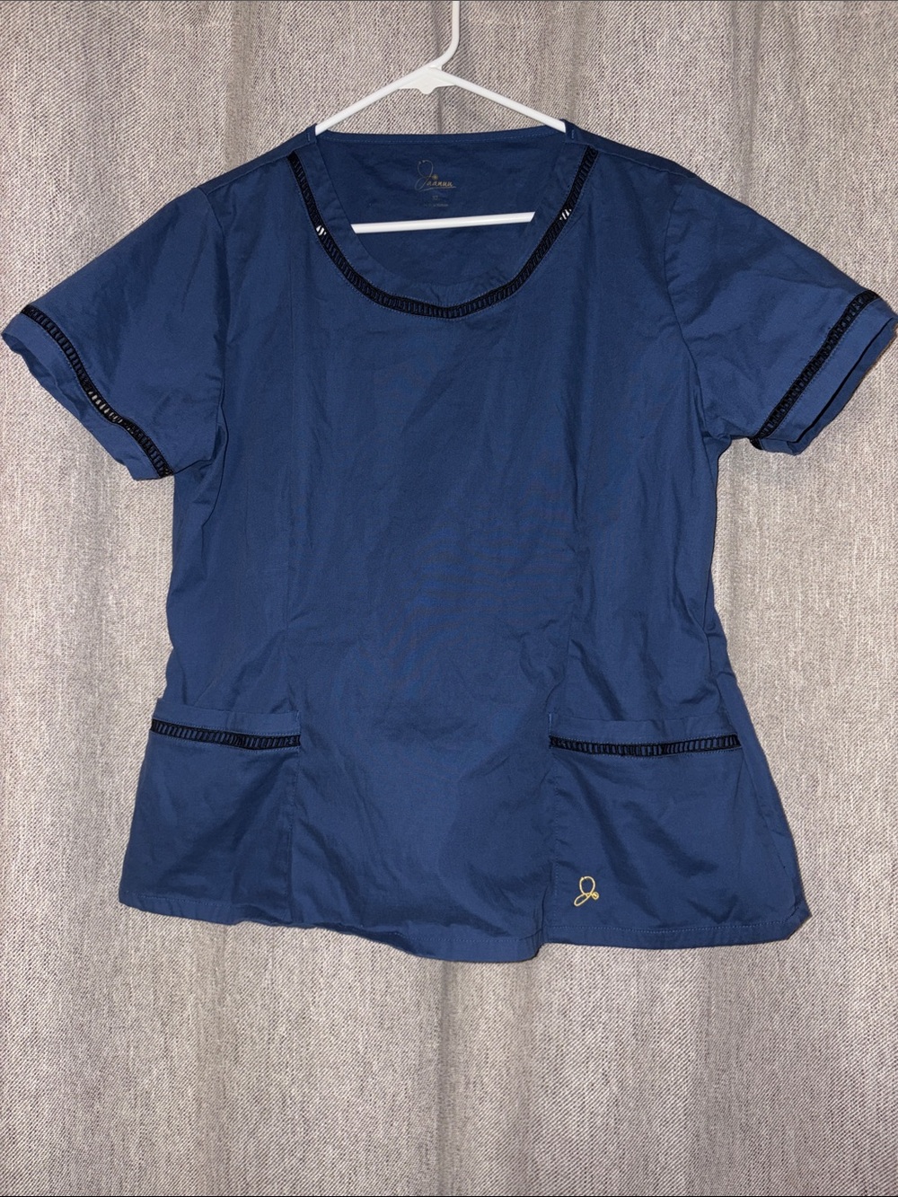 Jaanuu estate Navy Blue Short Sleeve contrast ladder lace Medical Scrub Top